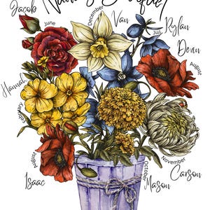 Birth Flower Family Bouquet, Birth Month Flower Art Custom, Hand Drawn Art, Birth Month Flower Print, Personalized Gift, Digital Download