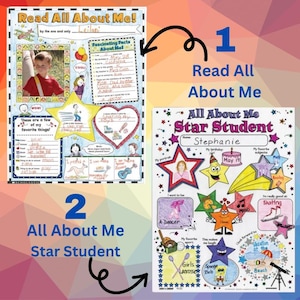 Pósteres de aprendizaje para escribir y leer de gran tamaño de Lee todo sobre mí o Star Student, listos para que los niños los personalicen y muestren con orgullo. Proyecto de aprendizaje