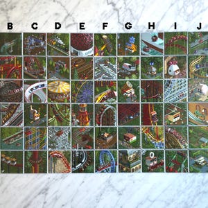 May include: A grid of 66 small, square images, each depicting a different amusement park ride or attraction. The images are colorful and detailed, showcasing roller coasters, Ferris wheels, and other park features. The overall theme is amusement parks and entertainment.