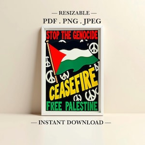 Gratis Palestina png-poster | Wapenstaakt-het-vuren-bord | Afdrukbare pdf en jpeg | Stop de genocide-poster | Direct downloaden