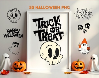 Cute Halloween PNG Bundle | 50 SVG-Friendly Halloween Images | Ghosts, Pumpkins, Spooky Art for Kids Apparel & Crafts