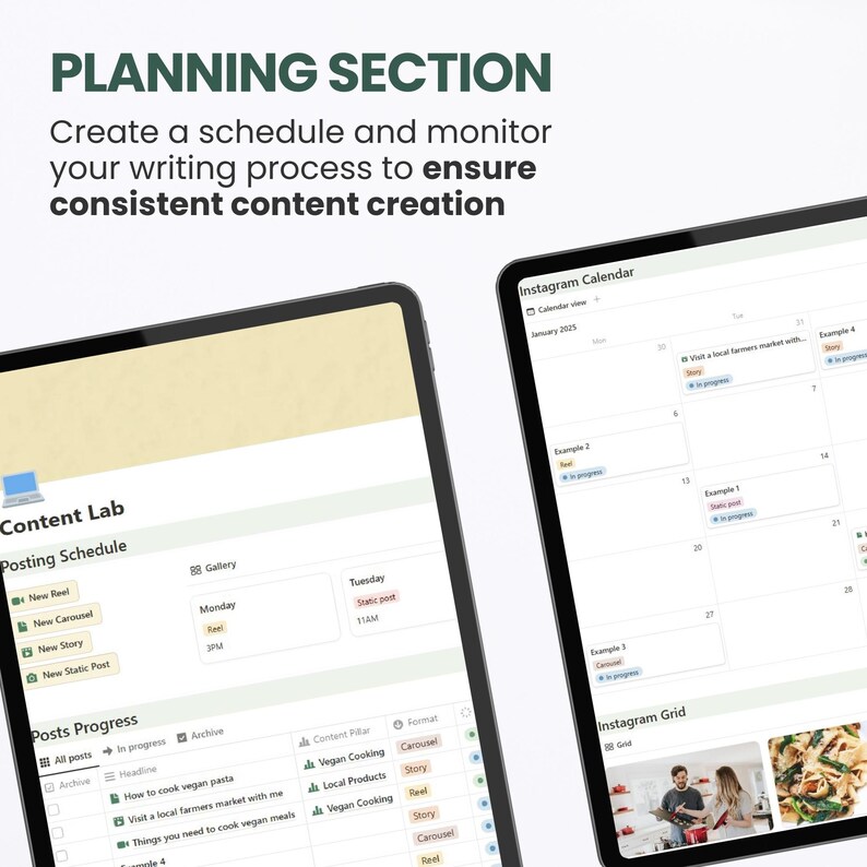 May include: A screenshot of a computer screen showing a content planning tool. The tool includes a content calendar, a posting schedule, and a list of posts in progress. The calendar shows a grid of dates with different types of posts scheduled for each day. The posting schedule lists different types of posts, such as reels, carousels, and stories. The list of posts in progress shows the status of each post, such as "in progress" or "archived".