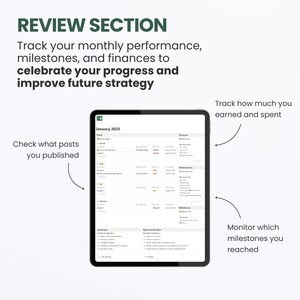 May include: A screenshot of a tablet displaying a digital planner for January 2025. The planner includes sections for posts, finances, performance, and milestones. The text "January 2025" is visible at the top of the screen.