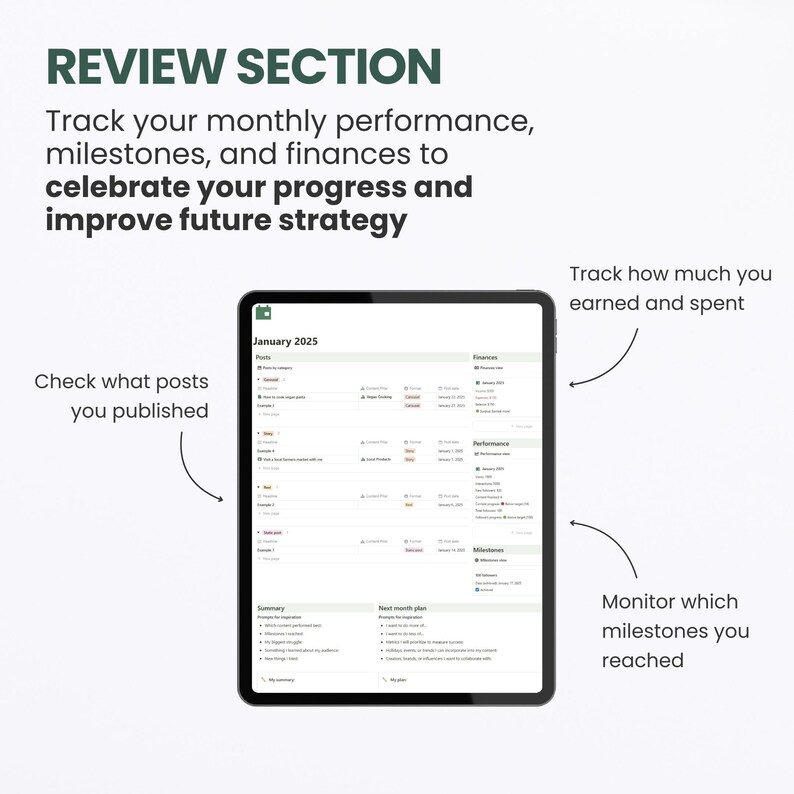 May include: A screenshot of a tablet displaying a digital planner for January 2025. The planner includes sections for posts, finances, performance, and milestones. The text "January 2025" is visible at the top of the screen.