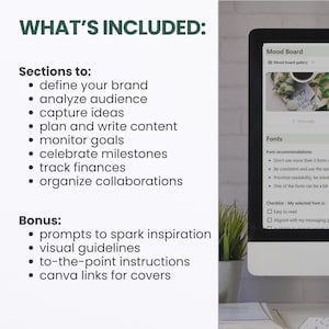 May include: A digital screen displaying a checklist for creating a mood board and fonts for a brand. The checklist includes sections for defining a brand, analyzing the audience, capturing ideas, planning and writing content, monitoring goals, celebrating milestones, tracking finances, and organizing collaborations. The checklist also includes prompts to spark inspiration, visual guidelines, to-the-point instructions, and Canva links for covers.