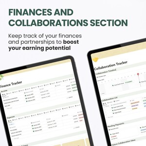 May include: A screenshot of a digital planner app with two sections: Finances and Collaborations. The Finances section includes a calendar with income and expenses, while the Collaborations section includes a calendar for tracking collaborations, a list of collaborators, pending payments, and future collaboration ideas.