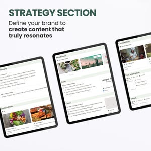 May include: A digital screen displaying a strategy section for creating content that resonates. The screen is divided into sections for messaging, content pillars, mood board, fonts, colors, league sponsor, post inspiration, and competition. The mood board section shows images of a cup of coffee, a bouquet of flowers, and a hot air balloon.