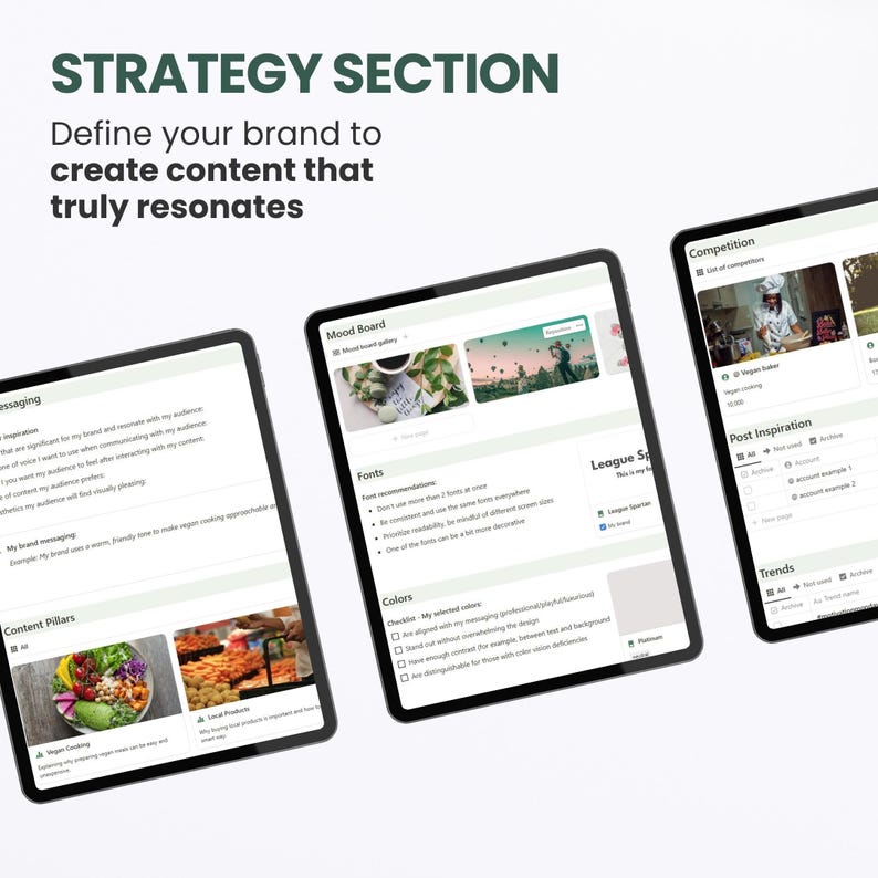 May include: A digital screen displaying a strategy section for creating content that resonates. The screen is divided into sections for messaging, content pillars, mood board, fonts, colors, league sponsor, post inspiration, and competition. The mood board section shows images of a cup of coffee, a bouquet of flowers, and a hot air balloon.