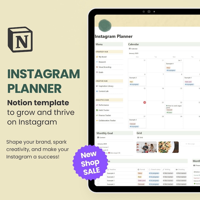 May include: A screenshot of a Notion template for Instagram planning. The template includes sections for strategy, creative content, analytics, and a calendar. The text "Instagram Planner" is at the top of the screen. A green circle with the text "New Shop Sale" is in the lower left corner.