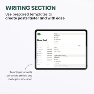 May include: A screenshot of a digital planner app for creating social media content. The app has a section for writing scripts and captions for reels, carousels, stories, and static posts. The app includes sections for inspiration, hooks, calls to action, and hashtags.