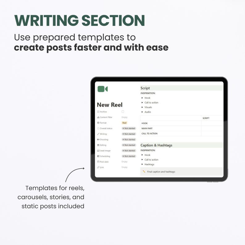 May include: A screenshot of a digital planner app for creating social media content. The app has a section for writing scripts and captions for reels, carousels, stories, and static posts. The app includes sections for inspiration, hooks, calls to action, and hashtags.