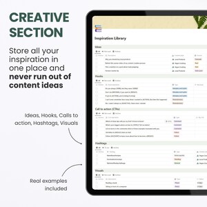 May include: A screenshot of a computer screen showing a digital content calendar with the title "Inspiration Library". The calendar is divided into sections for "Ideas", "Hooks", "Calls to action", "Hashtags", and "Visuals". Each section has a list of prompts and examples.