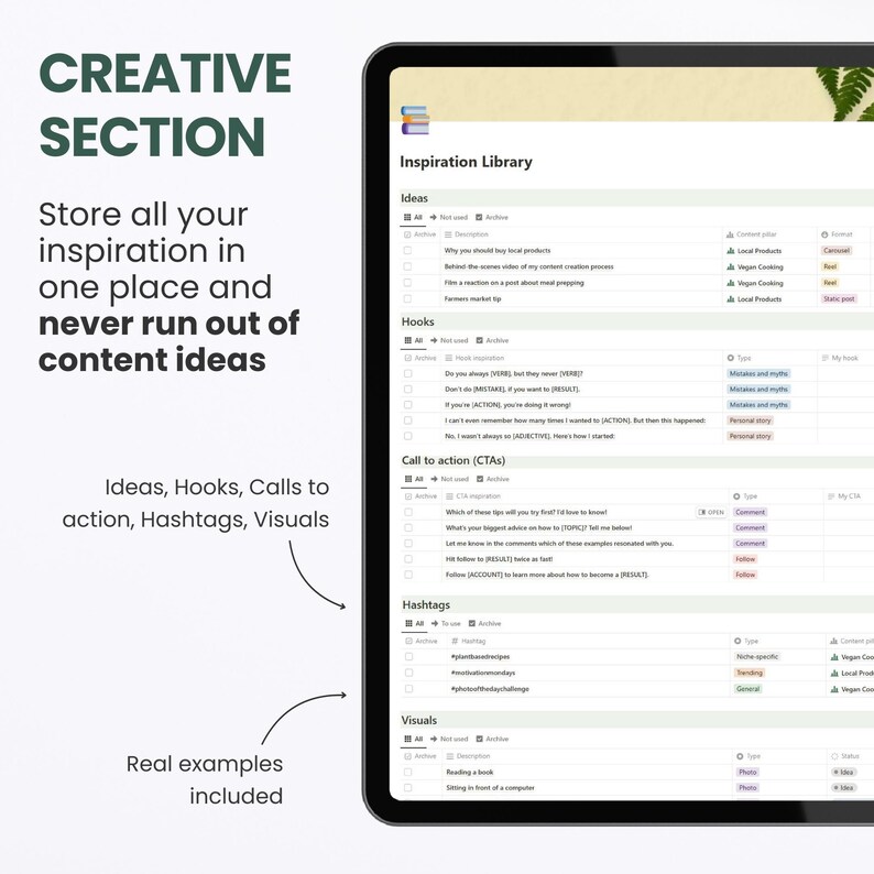 May include: A screenshot of a computer screen showing a digital content calendar with the title "Inspiration Library". The calendar is divided into sections for "Ideas", "Hooks", "Calls to action", "Hashtags", and "Visuals". Each section has a list of prompts and examples.