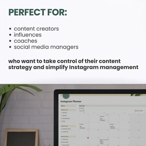 May include: A computer screen displaying a calendar-based Instagram planner with a menu on the left side. The menu includes sections for "My Brand", "Content Library", "Analytics Hub", and "Performance Tracker". The calendar shows the month of January 2023.