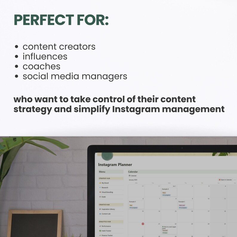 May include: A computer screen displaying a calendar-based Instagram planner with a menu on the left side. The menu includes sections for "My Brand", "Content Library", "Analytics Hub", and "Performance Tracker". The calendar shows the month of January 2023.