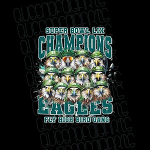 Peut inclure: Graphique vert et noir des Eagles, champions du Super Bowl LIX, avec un groupe d'aigles portant des casques et des maillots avec des numéros. Le texte "Fly High Bird Gang" est sous l'image.