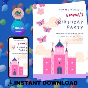 Princess Birthday Invitation: Castle Party, Editable Canva Template (Digital Download)