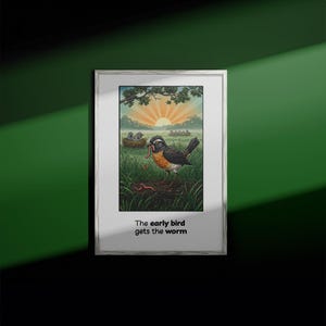 The Early Bird Gets the Worm | Robert Crumb-Inspired Art Print | Vintage Comic Style | Motivational Wall Art