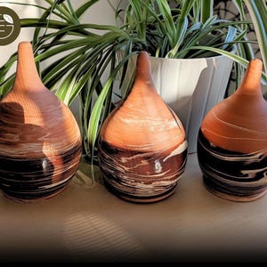 Peut inclure: Trois vases artisanaux en forme de goutte d'eau avec un motif unique de grain de bois. Les vases présentent une palette de couleurs chaudes et terreuses de marron, noir et blanc. Les vases sont exposés sur une surface en bois, avec des plantes vertes en arrière-plan.