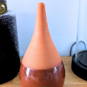 Peut inclure: Un vase en céramique de couleur terre cuite avec une base arrondie et un long col effilé. La base est d'une nuance de brun plus foncée, avec une finition brillante. Le vase est exposé sur une surface en bois, avec d'autres objets décoratifs en arrière-plan.