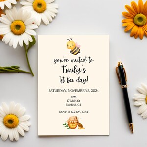 Happy Bee-Day Kids Birthday Invitation Template; Bee Themed Birthday Invitation Template