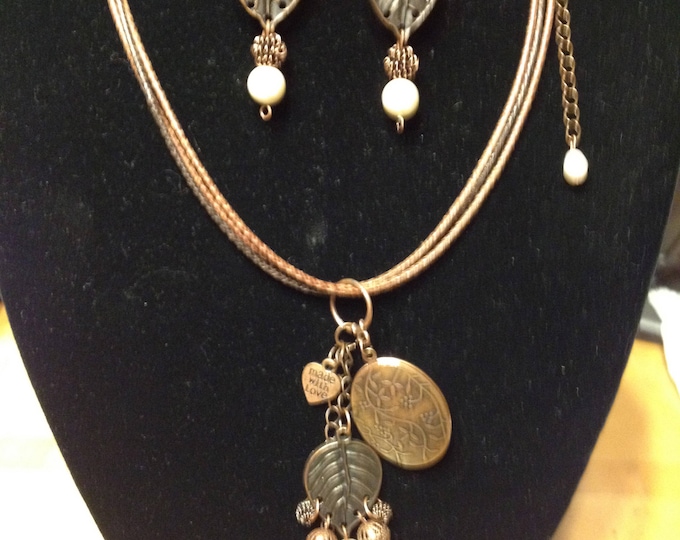 Antique Brass Leaf & Genuine Beige Pearl Necklace with Locket on hemp cords with brass findings+Leaf Pearl Earrings