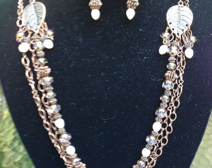 Antique Brass & Genuine Pink Pearl Necklace and Earrings Set with brass findings and extension