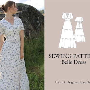May include: A sewing pattern for a tiered maxi dress called the Belle Dress. The pattern is for US sizes 2-18 and is beginner friendly. The image shows a line drawing of the dress and a woman wearing a similar dress.