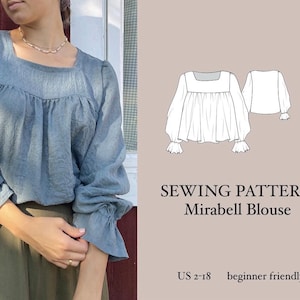 May include: A sewing pattern for a Mirabell Blouse, a beginner-friendly pattern for sizes UK 6-22. The pattern includes a line drawing of the blouse with a square neckline and puffed sleeves.