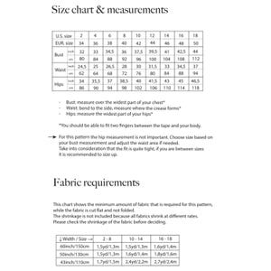 May include: Size chart and fabric requirements for a sewing pattern. The chart shows US and European sizes, bust, waist, and hip measurements in inches and centimeters. The fabric requirements chart shows the minimum amount of fabric needed for different widths and sizes.