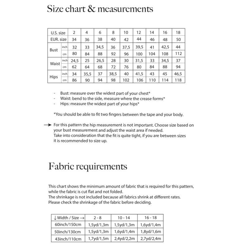 May include: Size chart and fabric requirements for a sewing pattern. The chart shows US and European sizes, bust, waist, and hip measurements in inches and centimeters. The fabric requirements chart shows the minimum amount of fabric needed for different widths and sizes.