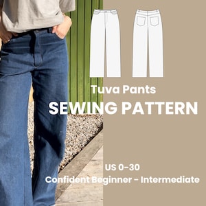 May include: A sewing pattern for Tuva Pants, a wide-leg style for sizes US 0-30. The pattern is for a confident beginner to intermediate sewer.