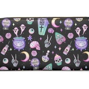 Cartera gótica negra para mujer con cremallera ~ Calaveras No molestar Spooky Coffin