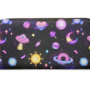 Cartera con cremallera de galaxia kawaii ~ Cartera negra / Alienígenas adorables / Dulces / Idea de regalo