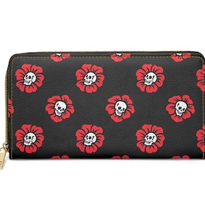 Cartera con cremallera y diseño de calavera floral ~ Cartera gótica negra para mujer / Espeluznante / Linda / Halloween / Idea de regalo