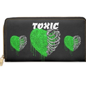 Cartera con cremallera de amor tóxico, bolsillo gótico/corazón para mujer/ vegano/esqueleto