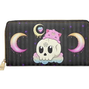 Portefeuille à glissière Kawaii Goth Kitty ~ Gothique pastel mignon | Végétalien | Livre de poche pour femme Witchy | Idée cadeau