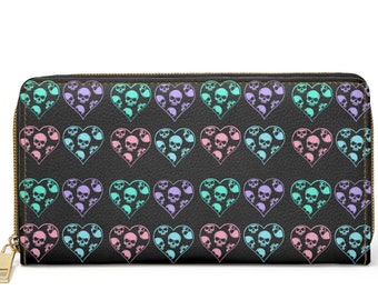 Pastelkleurige Goth Skull-portemonnee met ritssluiting ~ Love|Spooky|Veganistisch|Kawaii zakboek voor dames| Cadeau-idee