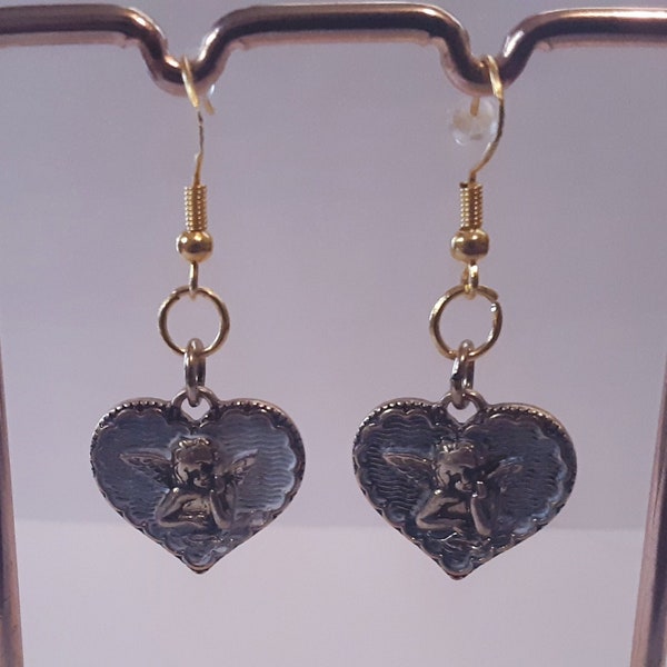 Gold Cherub Earrings~80's|Dangles|Cute Retro|Statement Jewelry|Gift Idea