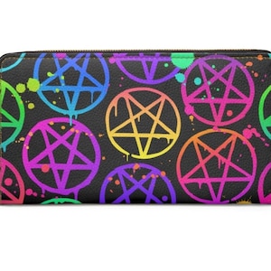 Cartera con cremallera Wiccan de neón ~ Bruja/Espeluznante/Pentagrama Cartera para mujer/Ideas de regalos góticos/Vegano