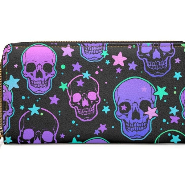 Neon Skull Zipper Wallet~Goth|Punk|Stars Large Womens Pocketbook|Gift Ideas