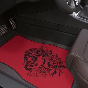 Floral Sugar Skull Car Floor Mats, 1pc~Front|Rear|Goth Car Accessory|Day Of The Dead|Car Decor
