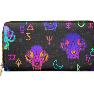 Cartera con cremallera de calaveras de neón de bruja ~ Espeluznante/Espeluznante/Muerto/Wiccan/Poketbook grande/ Accesorios de bolso/Regalo/Vegano