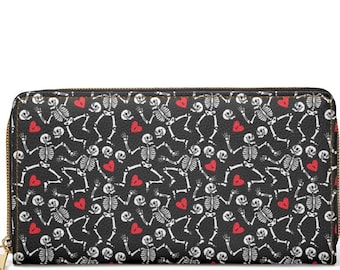 Cartera negra con cremallera del corazón del esqueleto gótico ~ Cartera negra / Cartera de calavera / Cartera de calavera floral / Regalo para ella / Cartera grande / Gótica / Cartera gótica / Monedero