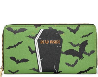 Coffin Bat Green Zipper Wallet~Dead Inside Wallet|Goth|Gothic Wallet|Green|Coffin Purse|Bat Purse|Large Womens Wallet|Spooky Wallet