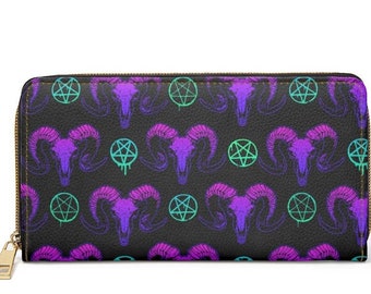 May include: A black zippered wallet with a repeating pattern of purple and green ram skulls and pentagrams.