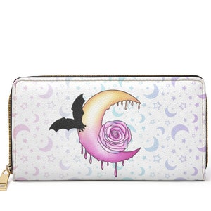 Pastell Mond und Fledermaus Reißverschluss Geldbörse~Pastell|Veganer Geldbeutel|Mond Geldbörse|Kawaii Goth|Weiße Geldbörse|Geschenk für Sie|Pastell Sterne|Süße Geldbörse