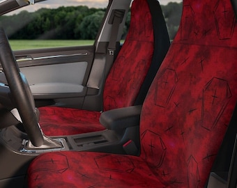 Gothic Red Coffin Car Seat Covers~Goth|Polyester|Bucket Seats|Pair|Spooky Car Accessories