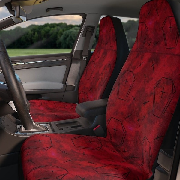 Gothic Red Coffin Car Seat Covers~Goth|Polyester|Bucket Seats|Pair|Spooky Car Accessories