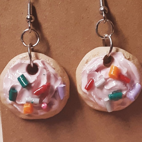 Kawaii Sugar Cookie Earrings~Handmade|Polymer Clay|Dangle|Fun|Food|Rainbow Sprinkles|Pink|Cute|Pierced Ears|Biscuit|Statment Jewelry